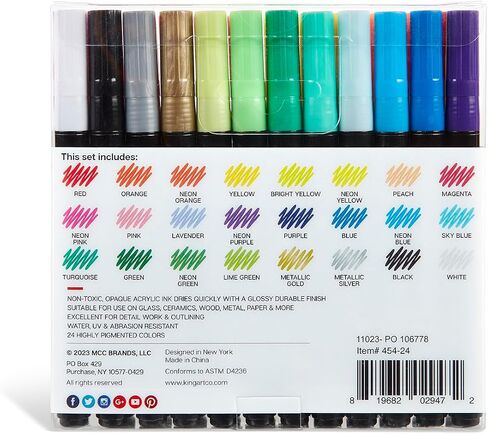KINGART 454-24 PRO Extra Fine Pt. Variety Set Paint Pens, 0.7mm Tip, 24 Acrylic Paint Colors incl. Metallic & Neon, Low-Odor, Quick Drying Paint Markers for Metal, Plastic, Canvas & More, Set of 24 in Saudi Arabia
