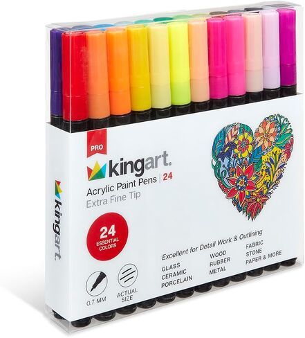KINGART 454-24 PRO Extra Fine Pt. Variety Set Paint Pens, 0.7mm Tip, 24 Acrylic Paint Colors incl. Metallic & Neon, Low-Odor, Quick Drying Paint Markers for Metal, Plastic, Canvas & More, Set of 24 in Saudi Arabia