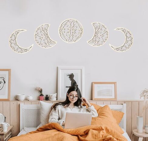 LMONMOO Moon Decoration Wall Decor - 5 Pieces Moon Phase Wall Hanging Decor Moon Wall Art Decoration Boho Bedroom Decor Spiritual Home Wall Decoration (Wood color) in Saudi Arabia