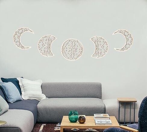 LMONMOO Moon Decoration Wall Decor - 5 Pieces Moon Phase Wall Hanging Decor Moon Wall Art Decoration Boho Bedroom Decor Spiritual Home Wall Decoration (Wood color) in Saudi Arabia