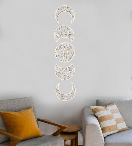 LMONMOO Moon Decoration Wall Decor - 5 Pieces Moon Phase Wall Hanging Decor Moon Wall Art Decoration Boho Bedroom Decor Spiritual Home Wall Decoration (Wood color) in Saudi Arabia