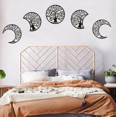 LMONMOO Moon Decoration Wall Decor - 5 Pieces Moon Phase Wall Hanging Decor Moon Wall Art Decoration Boho Bedroom Decor Spiritual Home Wall Decoration (Wood color) in Saudi Arabia