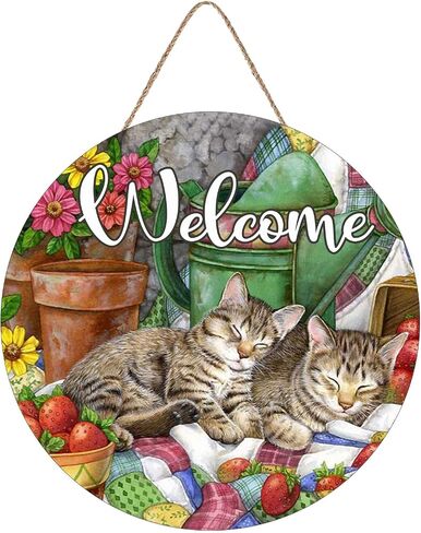 Welcome Summer Cat Cardinal Sunflower Sign for Front Door Decor, Spring Orange Kitty Tabby Wood Door Hanger for Outdoor Outside Porch, Fall Wooden Wreath Indoor Wall Hanging Decoration 12 * 12 inch in Saudi Arabia