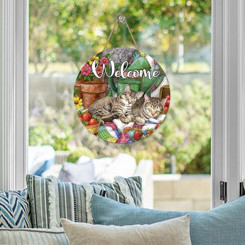 Welcome Summer Cat Cardinal Sunflower Sign for Front Door Decor, Spring Orange Kitty Tabby Wood Door Hanger for Outdoor Outside Porch, Fall Wooden Wreath Indoor Wall Hanging Decoration 12 * 12 inch in Saudi Arabia