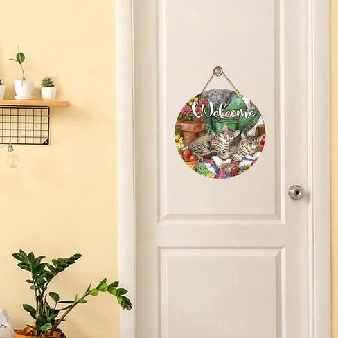 Welcome Summer Cat Cardinal Sunflower Sign for Front Door Decor, Spring Orange Kitty Tabby Wood Door Hanger for Outdoor Outside Porch, Fall Wooden Wreath Indoor Wall Hanging Decoration 12 * 12 inch in Saudi Arabia
