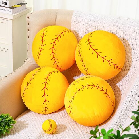 Gerrii 4 Pcs Basketball Softball Football Soccer Volleyball Tennis Pillow 3D Sports Pillow Fluffy Plush Stuffed Throw Pillow Sport Theme Cushion Plush Stuffed Pillow Gift Decor (Softball,10 Inch) in Saudi Arabia
