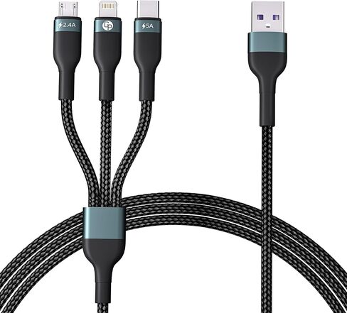 كابل شحن متعدد 3 في 1، سلك شاحن سريع ناقل الحركة من النوع C USB للشحن السريع موصل كابل ثابت ترقية سلك نحاسي سميك للمنزل والمكتب للشحن اليومي (4FT) in Kuwait