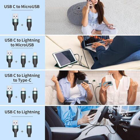 كابل شحن متعدد 3 في 1، سلك شاحن سريع ناقل الحركة من النوع C USB للشحن السريع موصل كابل ثابت ترقية سلك نحاسي سميك للمنزل والمكتب للشحن اليومي (4FT) in Kuwait