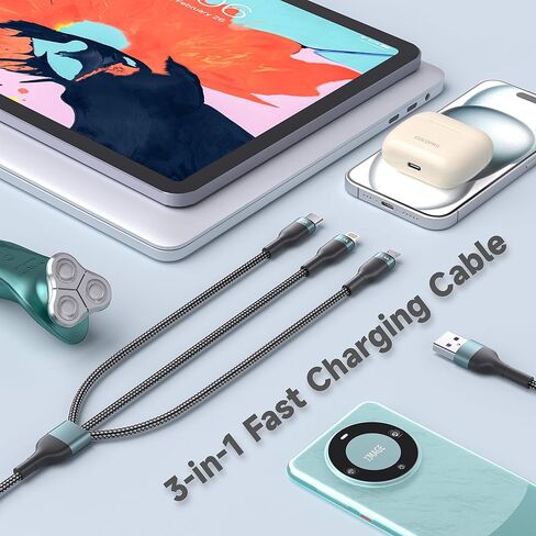 كابل شحن متعدد 3 في 1، سلك شاحن سريع ناقل الحركة من النوع C USB للشحن السريع موصل كابل ثابت ترقية سلك نحاسي سميك للمنزل والمكتب للشحن اليومي (4FT) in Kuwait