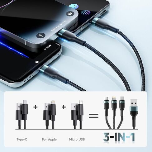 كابل شحن متعدد 3 في 1، سلك شاحن سريع ناقل الحركة من النوع C USB للشحن السريع موصل كابل ثابت ترقية سلك نحاسي سميك للمنزل والمكتب للشحن اليومي (4FT) in Kuwait
