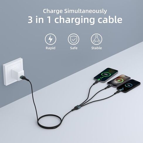 كابل شحن متعدد 3 في 1، سلك شاحن سريع ناقل الحركة من النوع C USB للشحن السريع موصل كابل ثابت ترقية سلك نحاسي سميك للمنزل والمكتب للشحن اليومي (4FT) in Kuwait