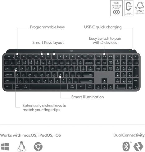 Logitech MX Keys S Wireless Keyboard, Low Profile, Quiet Typing, Backlighting, Bluetooth, USB C Rechargeable for Windows PC, Linux, Chrome, Mac - Graphite (Renewed) in Kuwait