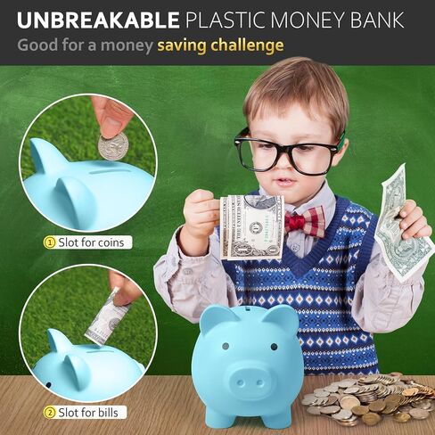 Piggy Bank for Kids Adults, Vcertcpl Unbreakable Plastic Piggy Bank Coin Bank Money Saving Box for Cash Saving, Kids Bank Money Jar Adults, Piggy Bank for Boys Girls, Gift Toys Banks for Kids (Blue) in Saudi Arabia