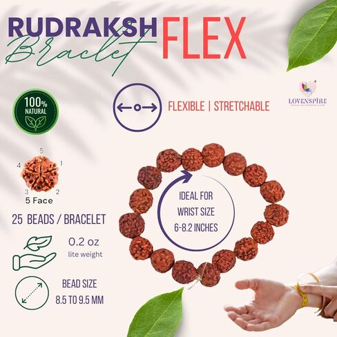 سوار 5 موخي رودراكشا مناسب لليوجا والتأمل 5 وجه نيبالي بانشموكي رودراكش شفاء طبيعي خرزة مستديرة قابلة للتمدد سوار مرن ملابس يومية عصرية للرجال والنساء (8.5 مم) in Kuwait