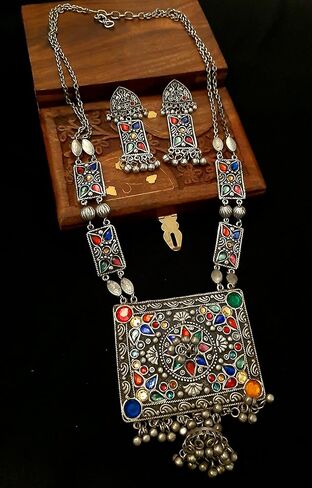 الهندي العتيقة الفضة المؤكسد البولندية الأفغانية القبلية الغجر بوهو غونغرو أجراس بيان كوتشي شرابة كبيرة قلادة سلسلة طويلة قلادة أقراط مجوهرات النساء متعدد in Kuwait