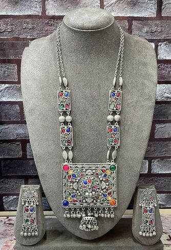 الهندي العتيقة الفضة المؤكسد البولندية الأفغانية القبلية الغجر بوهو غونغرو أجراس بيان كوتشي شرابة كبيرة قلادة سلسلة طويلة قلادة أقراط مجوهرات النساء متعدد in Kuwait