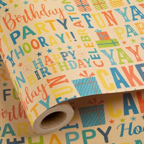 Burymento Birthday Wrapping Paper Roll,Kraft Gift Wrap Paper for Birthday Baby Shower,Kraft Paper with Grid Lines,Lettering Pattern - 17 Inches x 32.8 Feet 1 Roll in Kuwait