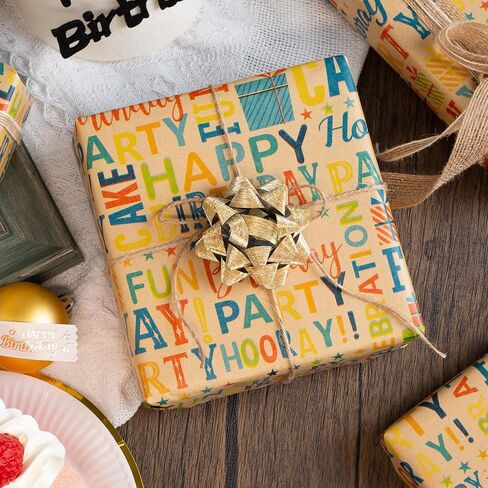 Burymento Birthday Wrapping Paper Roll,Kraft Gift Wrap Paper for Birthday Baby Shower,Kraft Paper with Grid Lines,Lettering Pattern - 17 Inches x 32.8 Feet 1 Roll in Kuwait