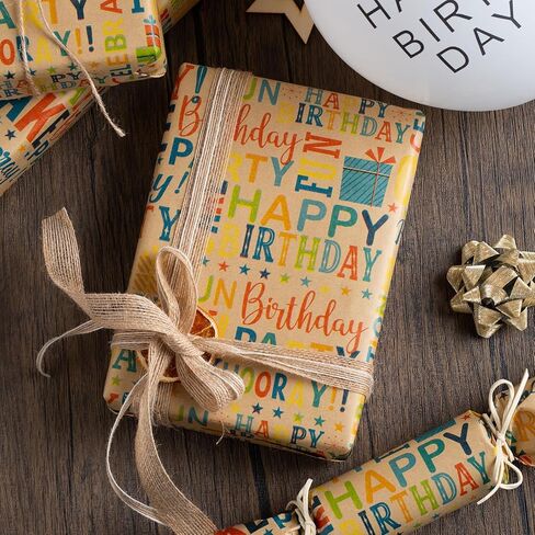 Burymento Birthday Wrapping Paper Roll,Kraft Gift Wrap Paper for Birthday Baby Shower,Kraft Paper with Grid Lines,Lettering Pattern - 17 Inches x 32.8 Feet 1 Roll in Kuwait