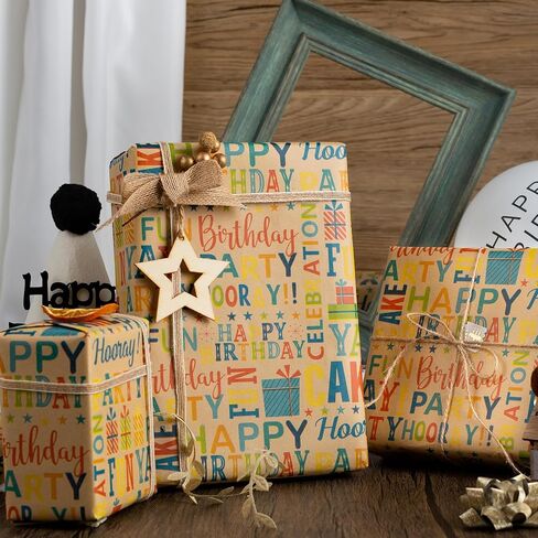 Burymento Birthday Wrapping Paper Roll,Kraft Gift Wrap Paper for Birthday Baby Shower,Kraft Paper with Grid Lines,Lettering Pattern - 17 Inches x 32.8 Feet 1 Roll in Kuwait