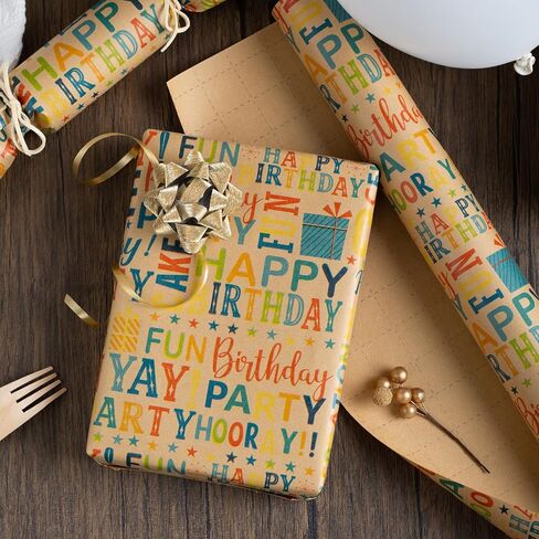 Burymento Birthday Wrapping Paper Roll,Kraft Gift Wrap Paper for Birthday Baby Shower,Kraft Paper with Grid Lines,Lettering Pattern - 17 Inches x 32.8 Feet 1 Roll in Kuwait