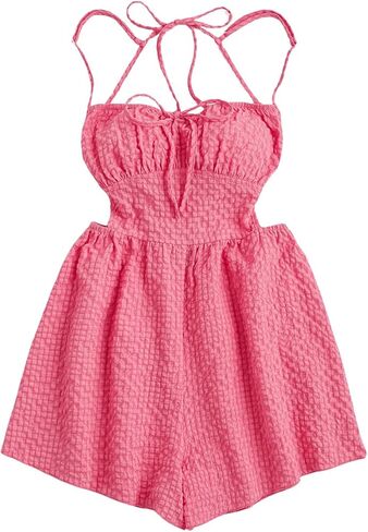 OYOANGLE Women's Tie Front Spaghetti Straps Square Neck Cami Romper Textured Backless Short Jumpsuits in Saudi Arabia