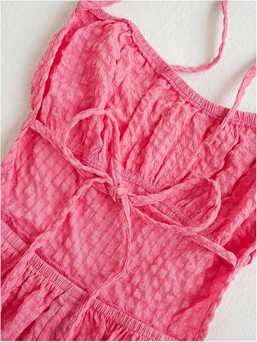 OYOANGLE Women's Tie Front Spaghetti Straps Square Neck Cami Romper Textured Backless Short Jumpsuits in Saudi Arabia