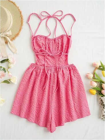 OYOANGLE Women's Tie Front Spaghetti Straps Square Neck Cami Romper Textured Backless Short Jumpsuits in Saudi Arabia