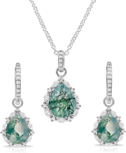 طقم قلادة وأقراط قلادة من العقيق الطحلب NW، طقم مجوهرات من العقيق الطحلب والزركون على شكل دمعة in Kuwait