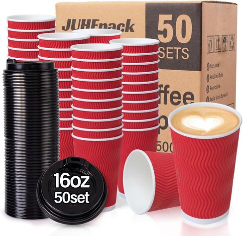 Disposable Coffee Cups With Lids,50 Pack,16 oz Insulated Ripple Wall Paper Coffee Cups,To Go Iced Coffee Cups for Hot and Cold Beverages Tea Hot Chocolate Drinks (Black, 16oz-50) in Saudi Arabia