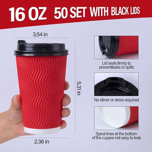 Disposable Coffee Cups With Lids,50 Pack,16 oz Insulated Ripple Wall Paper Coffee Cups,To Go Iced Coffee Cups for Hot and Cold Beverages Tea Hot Chocolate Drinks (Black, 16oz-50) in Saudi Arabia