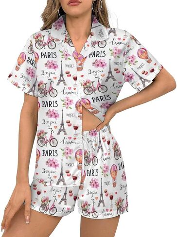 Womens Pajama Sets 2 Piece Short Sleeve Soft Satin Sleepwear Button Down Loungewear XS-2XL in Kuwait