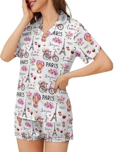 Womens Pajama Sets 2 Piece Short Sleeve Soft Satin Sleepwear Button Down Loungewear XS-2XL in Kuwait