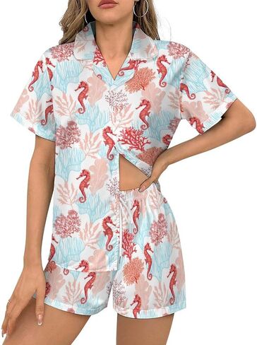 Womens Pajama Sets 2 Piece Short Sleeve Soft Satin Sleepwear Button Down Loungewear XS-2XL in Kuwait