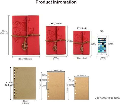 Retro Leaves Pendants PU Leather Cover Loose Leaf Blank Writing Journal Notebook Diary Gift (Coffee, A7(5 inch)) in Saudi Arabia
