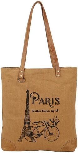 Paris Debonair Upcycled Canvas & Leather Tote Bag Shoulder Handbag for Woman with Handles (White) in Saudi Arabia
