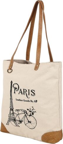 Paris Debonair Upcycled Canvas & Leather Tote Bag Shoulder Handbag for Woman with Handles (White) in Saudi Arabia