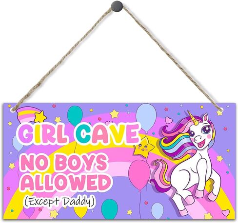 Unicorn Girl Cave Sign No Boys Allowed Except Daddy Rainbow Balloon Wood Hanging Plaque Signs for Little Baby Teen Girls Room Bedroom Door Wall Decor 11.8 x 5.9 Inches - JY793 in Kuwait
