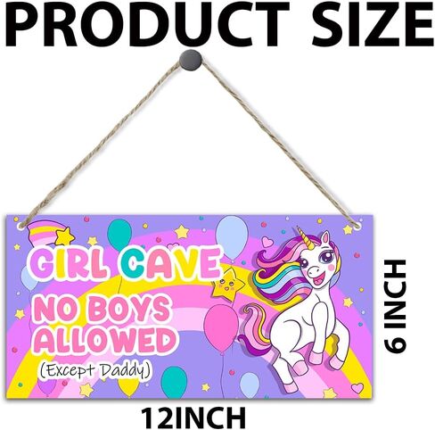 Unicorn Girl Cave Sign No Boys Allowed Except Daddy Rainbow Balloon Wood Hanging Plaque Signs for Little Baby Teen Girls Room Bedroom Door Wall Decor 11.8 x 5.9 Inches - JY793 in Kuwait
