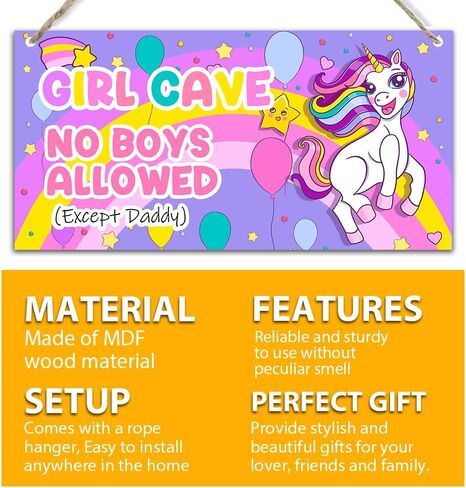 Unicorn Girl Cave Sign No Boys Allowed Except Daddy Rainbow Balloon Wood Hanging Plaque Signs for Little Baby Teen Girls Room Bedroom Door Wall Decor 11.8 x 5.9 Inches - JY793 in Kuwait
