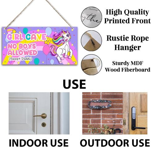 Unicorn Girl Cave Sign No Boys Allowed Except Daddy Rainbow Balloon Wood Hanging Plaque Signs for Little Baby Teen Girls Room Bedroom Door Wall Decor 11.8 x 5.9 Inches - JY793 in Kuwait