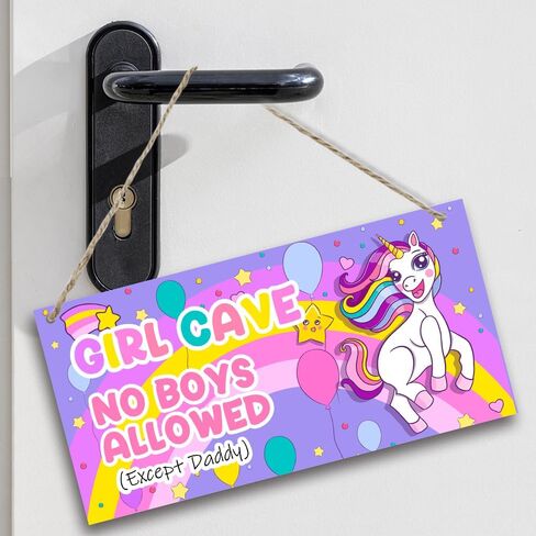Unicorn Girl Cave Sign No Boys Allowed Except Daddy Rainbow Balloon Wood Hanging Plaque Signs for Little Baby Teen Girls Room Bedroom Door Wall Decor 11.8 x 5.9 Inches - JY793 in Kuwait