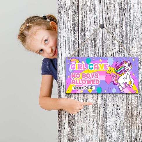 Unicorn Girl Cave Sign No Boys Allowed Except Daddy Rainbow Balloon Wood Hanging Plaque Signs for Little Baby Teen Girls Room Bedroom Door Wall Decor 11.8 x 5.9 Inches - JY793 in Kuwait