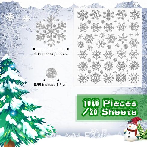 Yexiya 1040 Pcs Christmas Envelope Seal Sticker Glitter Snowflake Sticker Label Christmas Sticker Xmas Snowflake Dot Envelope Sticker Seal for Christmas Card Envelope Box Decoration(Silver, 20 Sheets) in Saudi Arabia