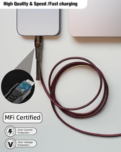 كابل شحن سريع iPhone، كابل USB-C إلى Lightning مضفر، معتمد من MFi بطول 4.28 قدم، كابل لهاتف iPhone 14 13 12 11 X XS Pro، Pro Max، Plus، iPad، جديلة حمراء/BLK، وظيفة الحامل، مثالي للسفر in Saudi Arabia