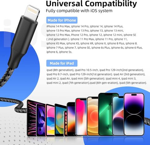 شاحن iPhone 3 حزم 6 أقدام كابل Lightning معتمد من MFi كابل مضفر من النايلون شاحن iPhone سلك شحن سريع متوافق مع iPhone 14 13 12 11 Pro Max XR XS X 8 7 6 Plus والمزيد in Saudi Arabia