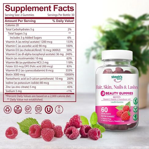 Steph's Pantry Biotin Gummies for Hair, Skin, Nails, & Lashes High Strength Gummies | Daily Multivitamins | Gluten-Free, Nut-Free, Non-GMO, Plant-Based, Vegan, Kosher | (60 Gummies) in Saudi Arabia