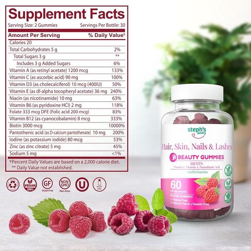 Steph's Pantry Biotin Gummies for Hair, Skin, Nails, & Lashes High Strength Gummies | Daily Multivitamins | Gluten-Free, Nut-Free, Non-GMO, Plant-Based, Vegan, Kosher | (60 Gummies) in Saudi Arabia