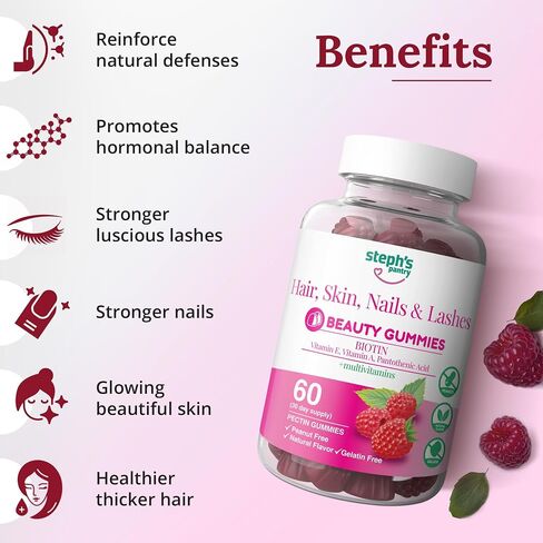 Steph's Pantry Biotin Gummies for Hair, Skin, Nails, & Lashes High Strength Gummies | Daily Multivitamins | Gluten-Free, Nut-Free, Non-GMO, Plant-Based, Vegan, Kosher | (60 Gummies) in Saudi Arabia