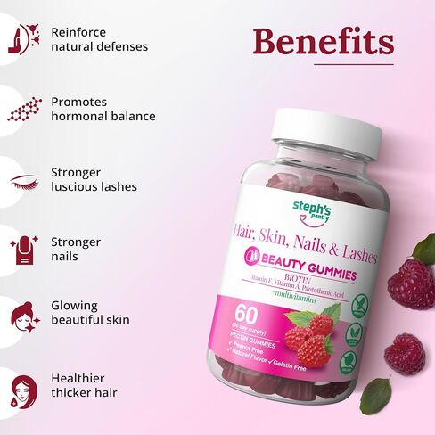 Steph's Pantry Biotin Gummies for Hair, Skin, Nails, & Lashes High Strength Gummies | Daily Multivitamins | Gluten-Free, Nut-Free, Non-GMO, Plant-Based, Vegan, Kosher | (60 Gummies) in Saudi Arabia